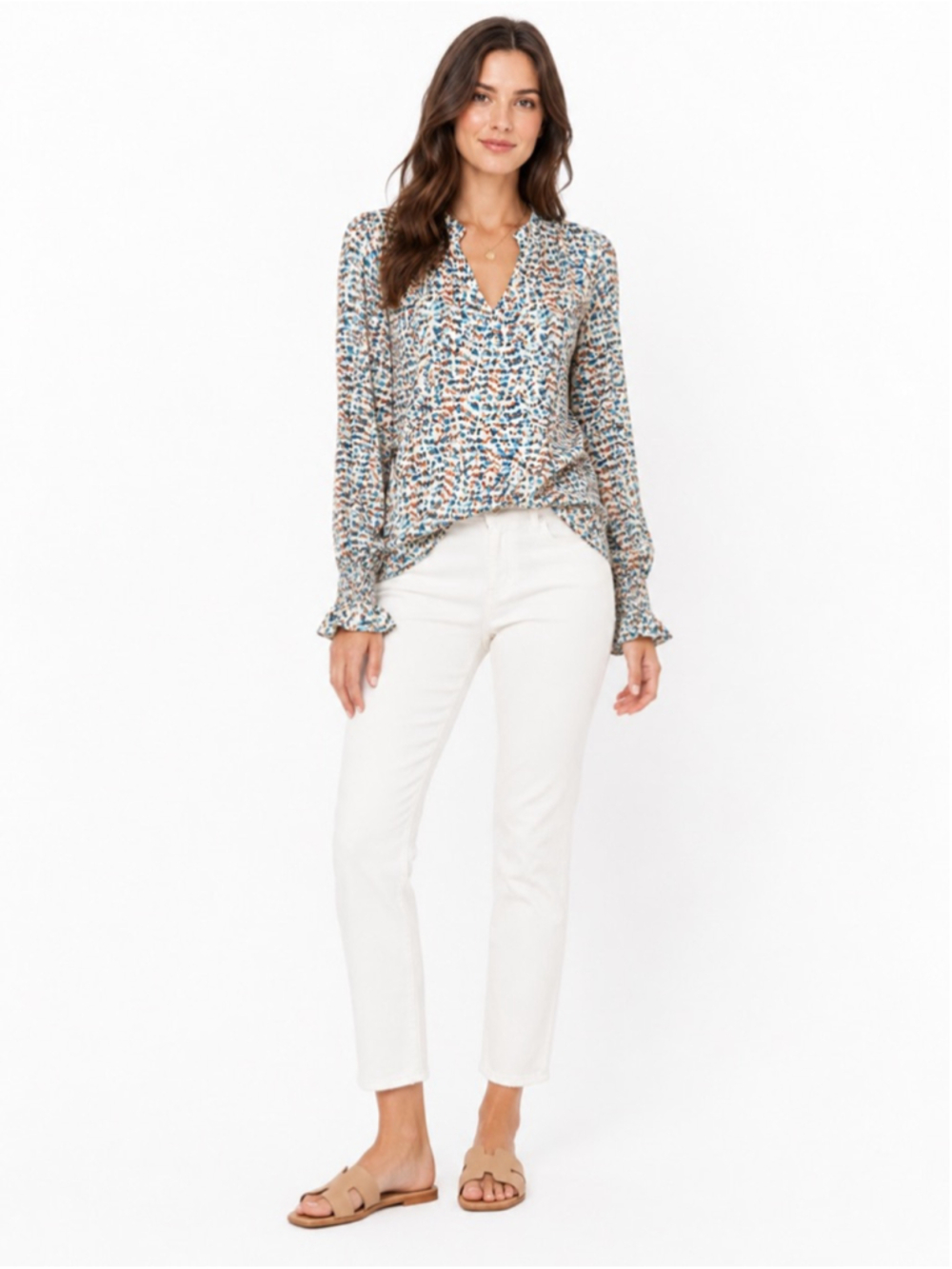 MASCOMODA Blouse S White Blue Abstract Print Long Sleeve NWT